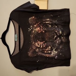 Small black galaxy tiger design crop top from delias